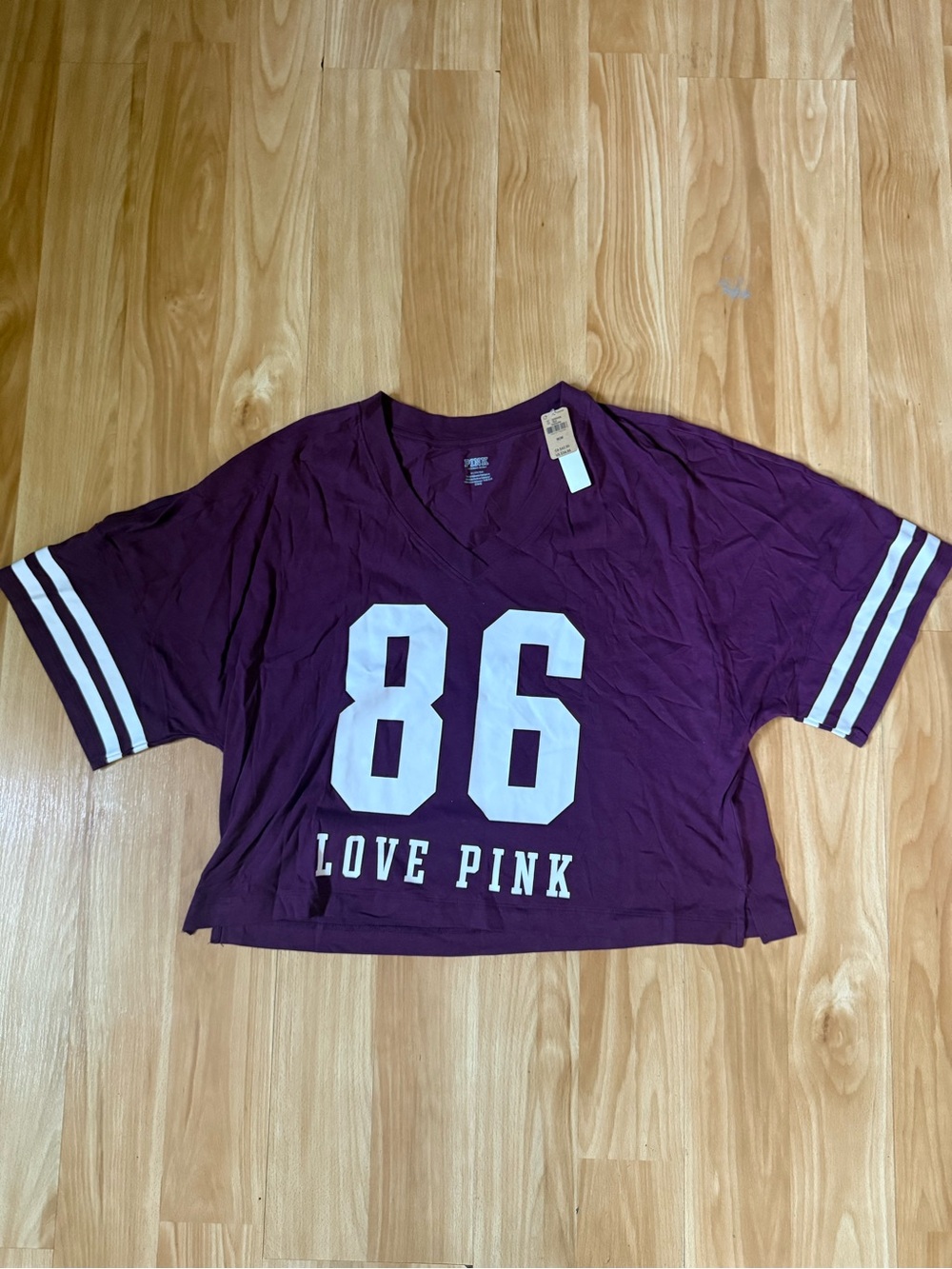 Victoria's Secret Plum V-Neck '86' Cropped Tee with White Striping
